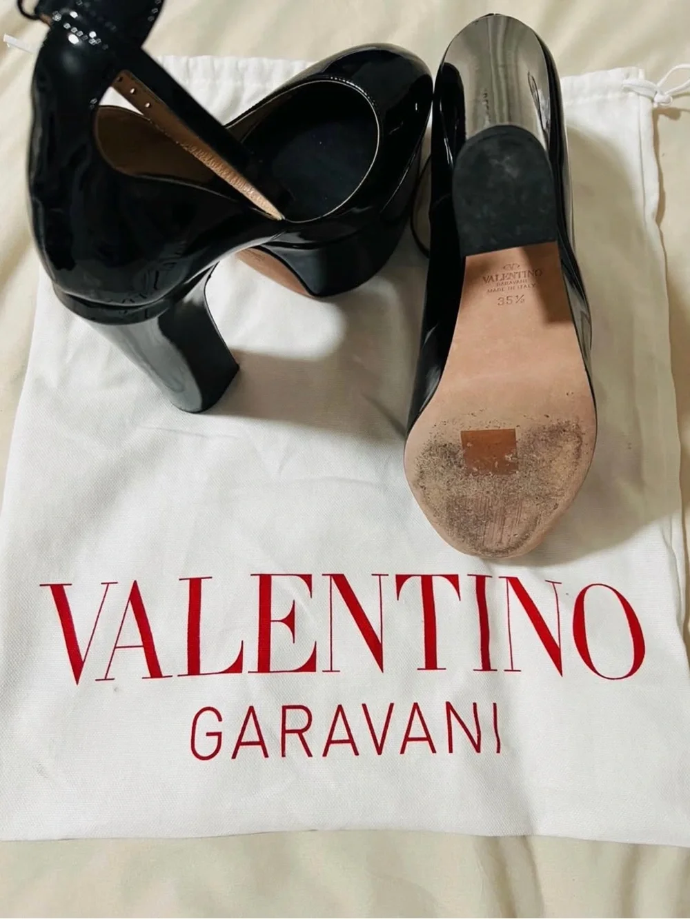 Valentino Black Patent Platform Pumps with Gold Accent Buckles